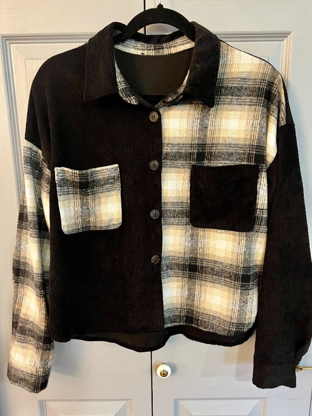 Black Corduroy & Flannel Patchwork Slightly Cropped Jacket, Button‎ Front